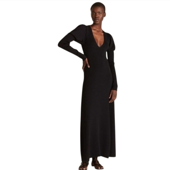 REBECCA TAYLOR RIBBED  BLACK  LONG PUFF SLEEVE  V NECK DRESS WOMEN'S SIZE XSMALL - Picture 1 of 11